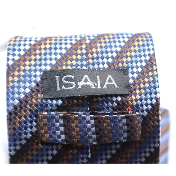 Isaia Napoli Men's Silk Tie Checkered Pattern Made In Italy Brown & Blue Luxury - Picture 2 of 6
